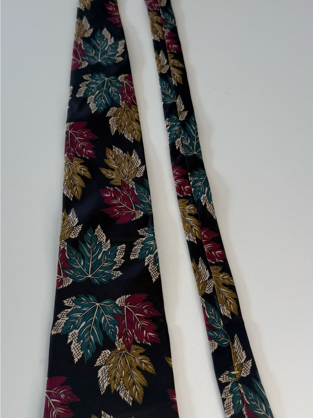 Oscar de la Renta Black Tie with Teal, Burgundy, and Gold Leaf Pattern
